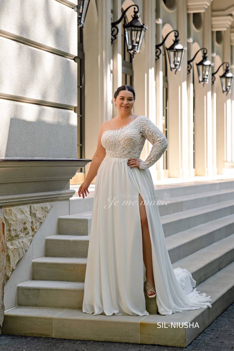 SN-NIUSHA Robe de mariée ivoire Chiffon dentelle perlée épaule asymétrique